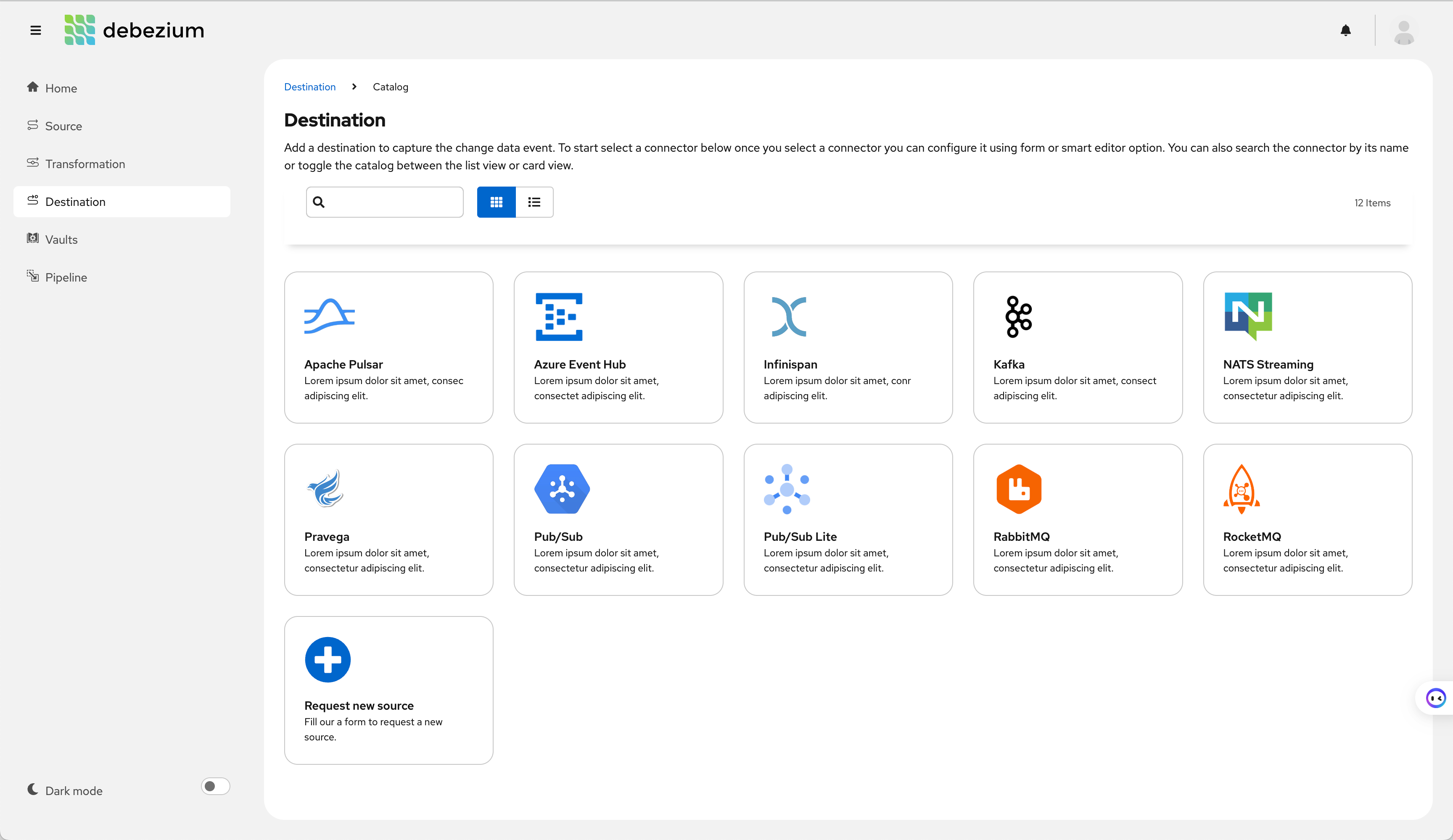 Screenshot: Destination types list