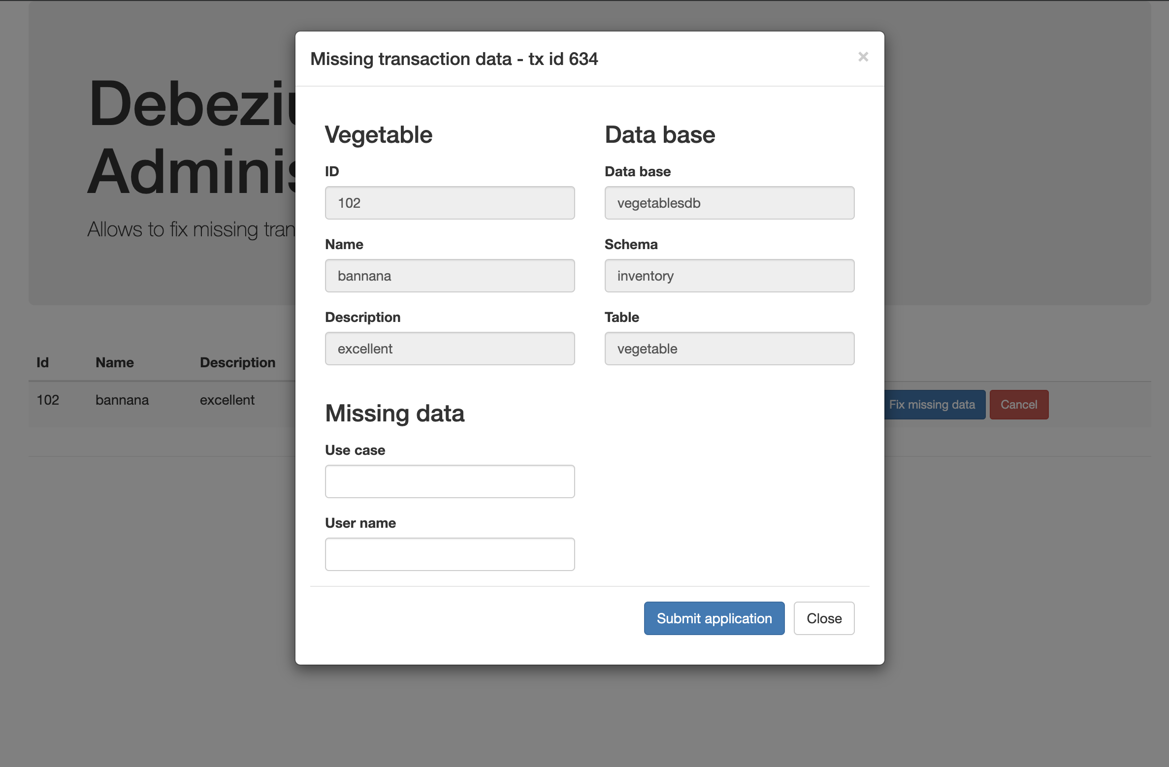 Admin service UI for fixing missing transaction context data