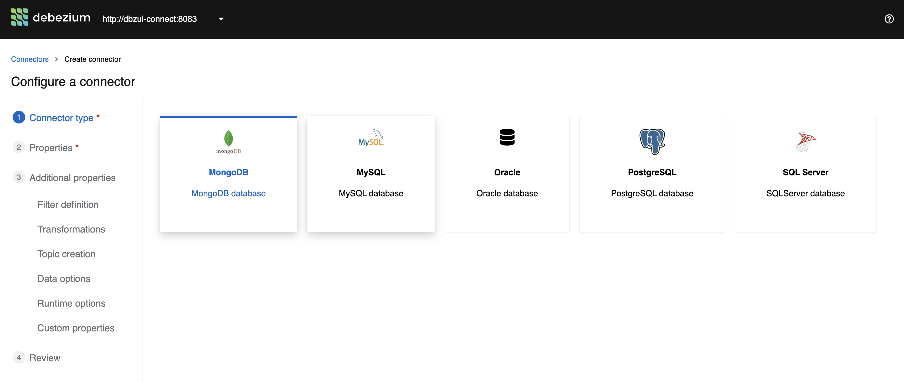 Debezium UI Create connector step1