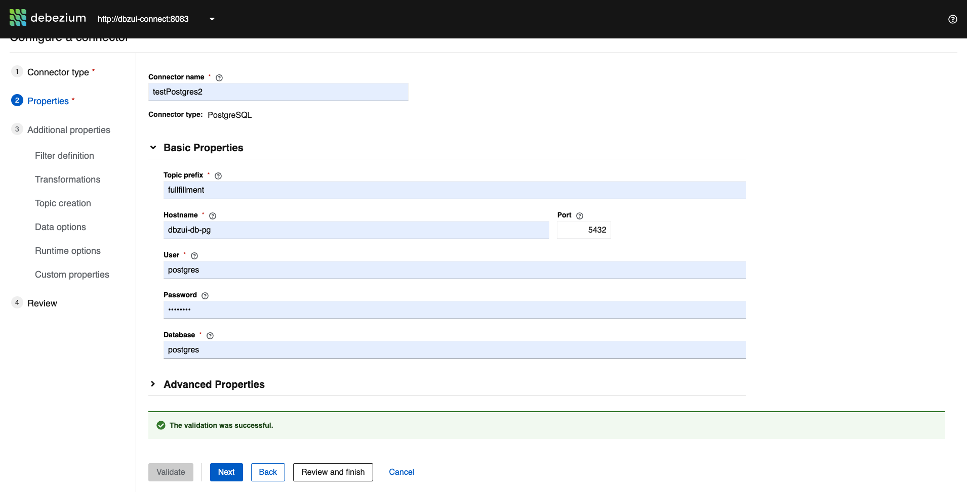 Debezium UI Create connector step2